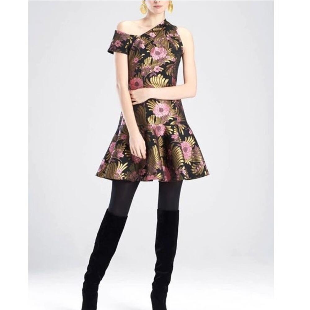 Josie Natori Floral Jacquard Dress Off Shoulder Black Gold Pink Fit Flare Size 4 - Picture 3 of 9